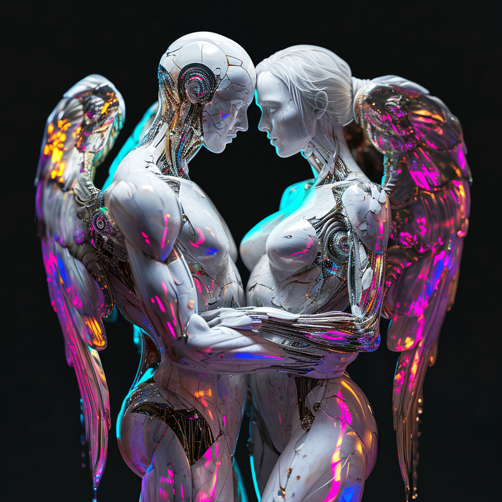 Beautiful marble statue of cyborg couple with wings