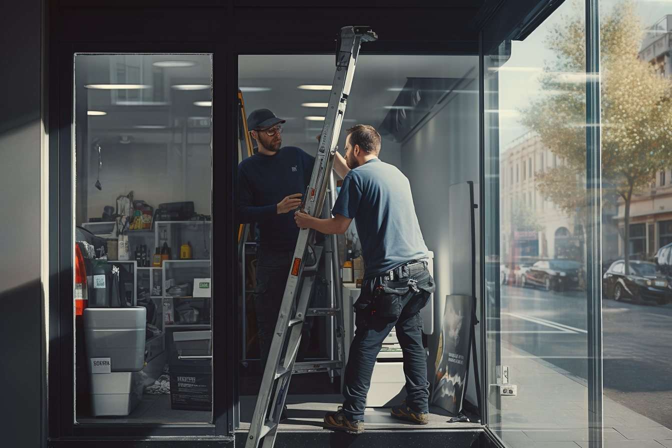 Professional technician installing office video camera