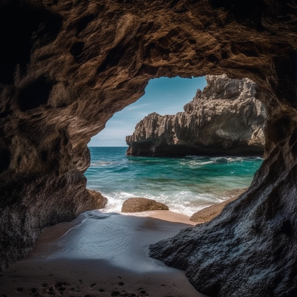 Hidden beach through small cave opening in Mexico