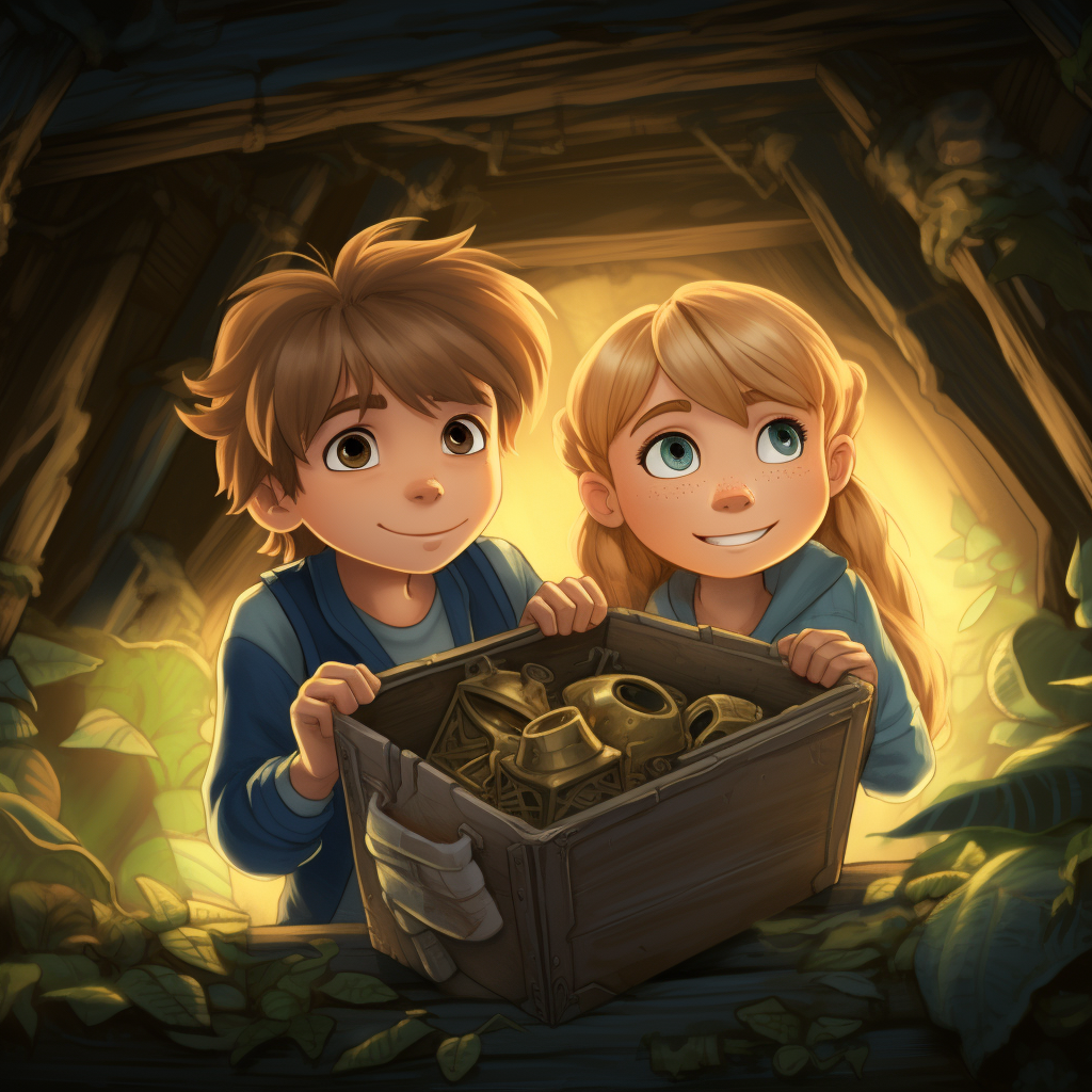 Oliver and Ella in front of treasure chest