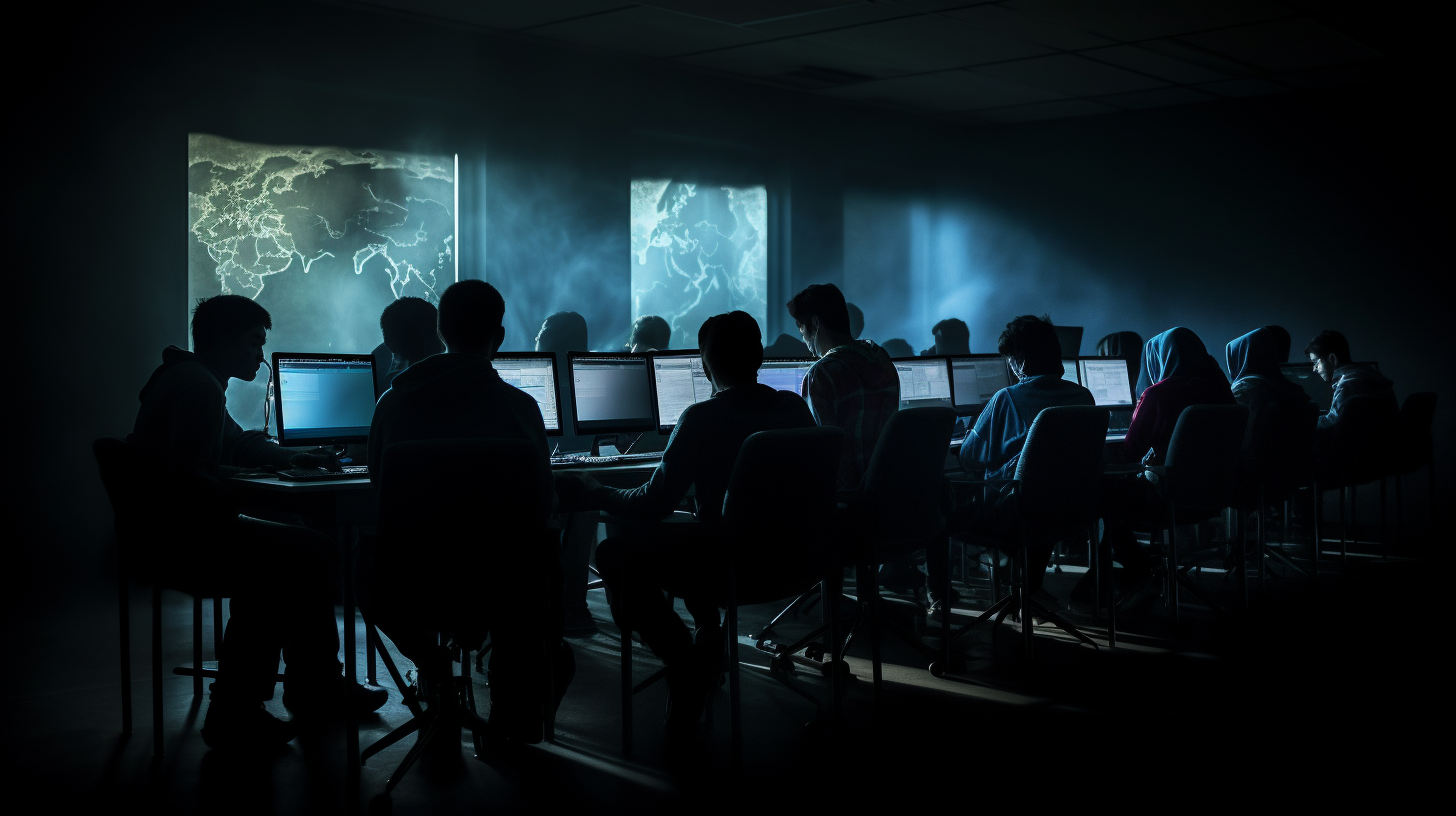 Silhouettes of students in dimly lit room