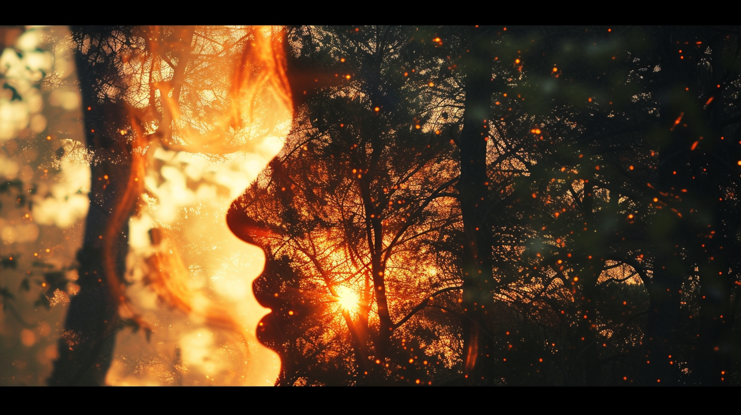 woman face in trees at sunset