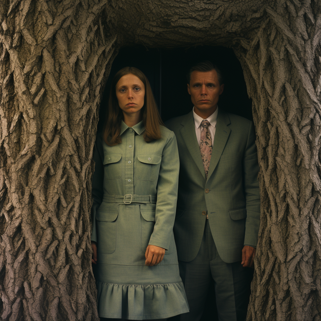 Two adults hiding behind a tree trunk