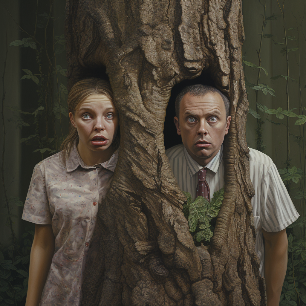 Two adults hiding behind a tree trunk