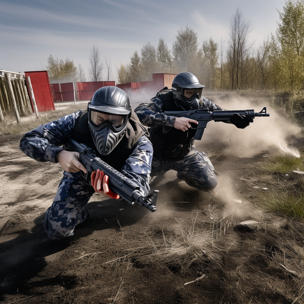 two men playing tag with paint guns