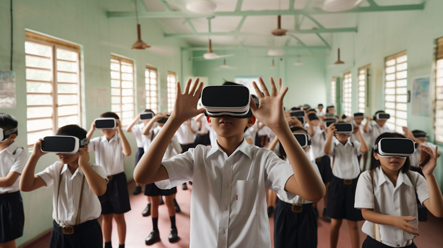 Malaysian kids enjoying virtual reality in classroom.