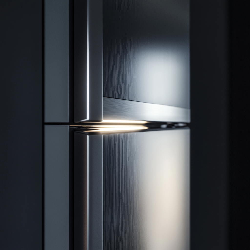 Dimly Lit Steel Refrigerator Close-Up