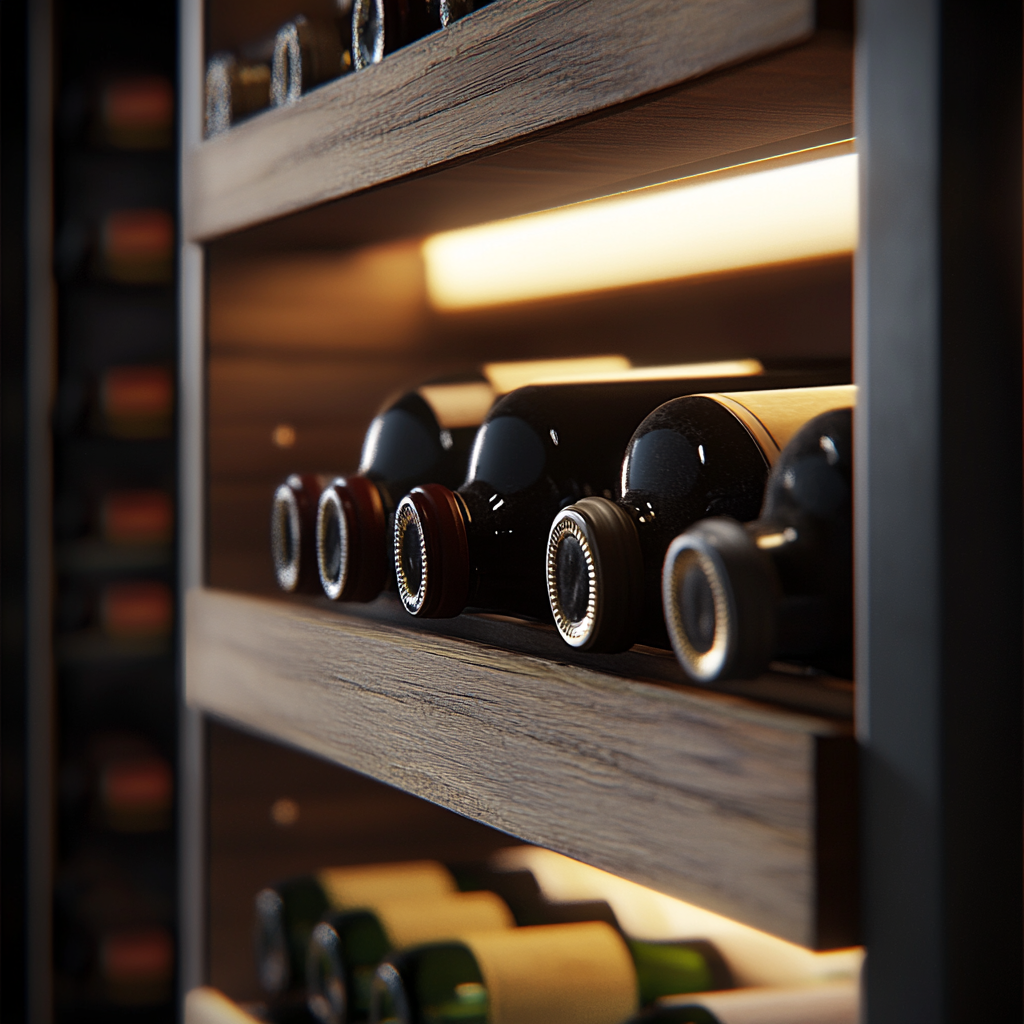 Wine cooler wood shelves ambient light