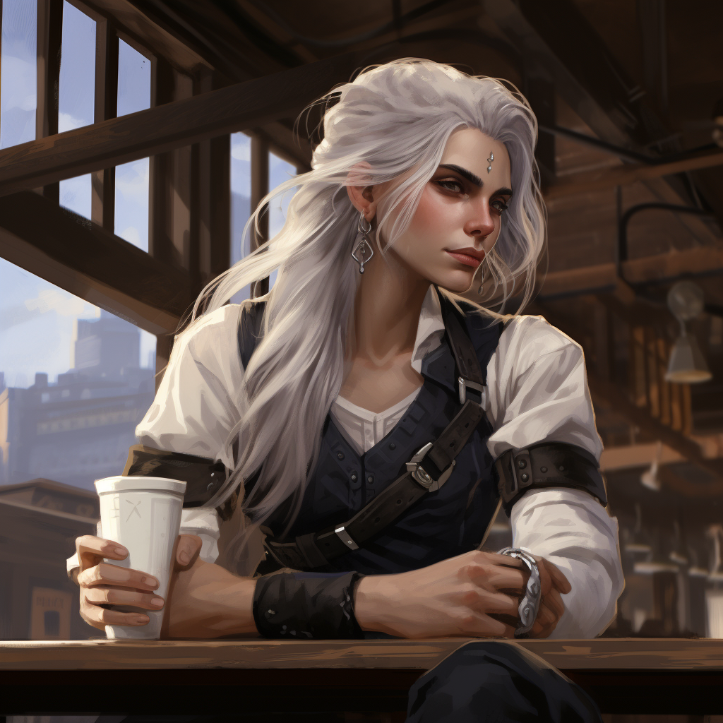 Androgynous trans woman with white hair in coffee shop