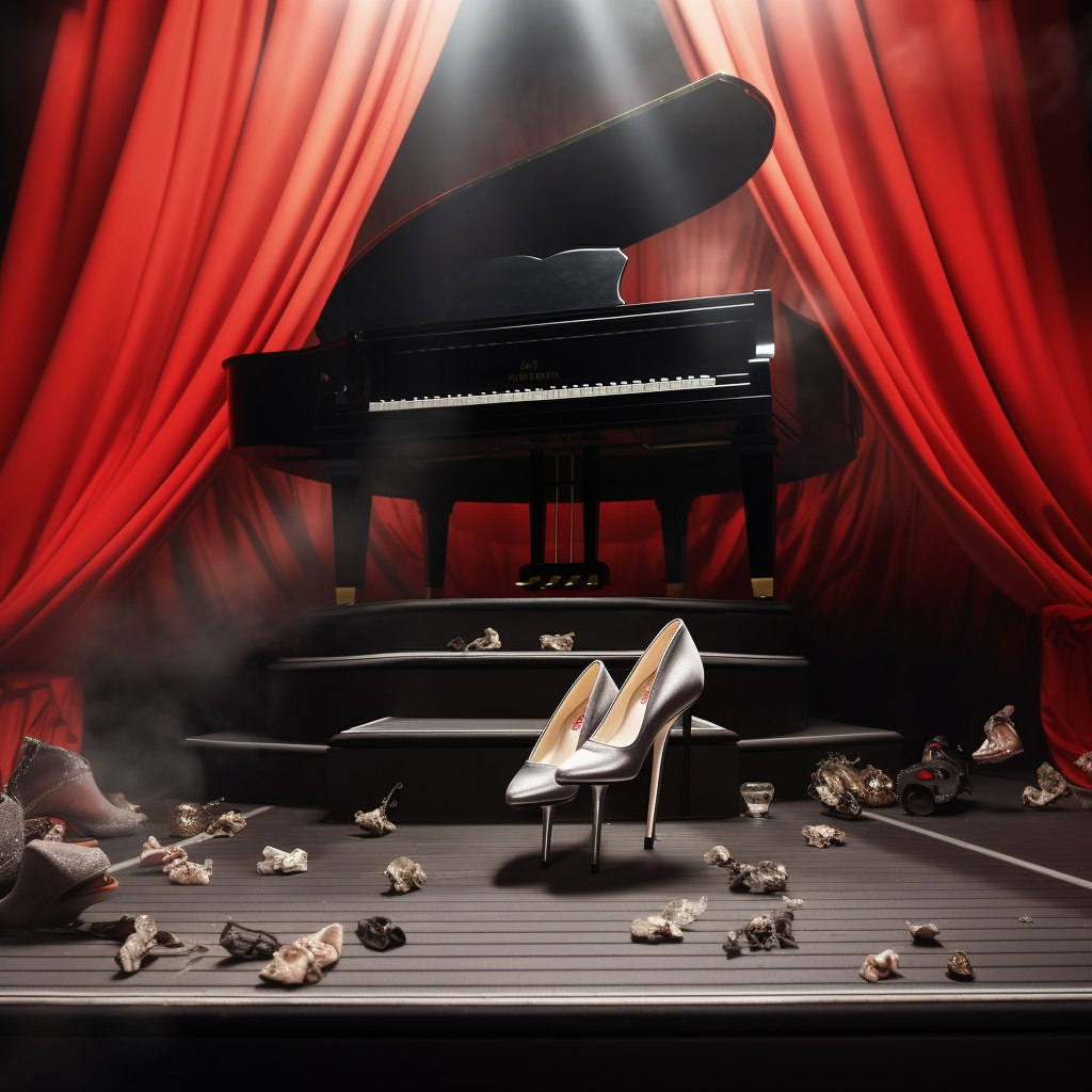 Aerial view of high heel shoes and piano on stage