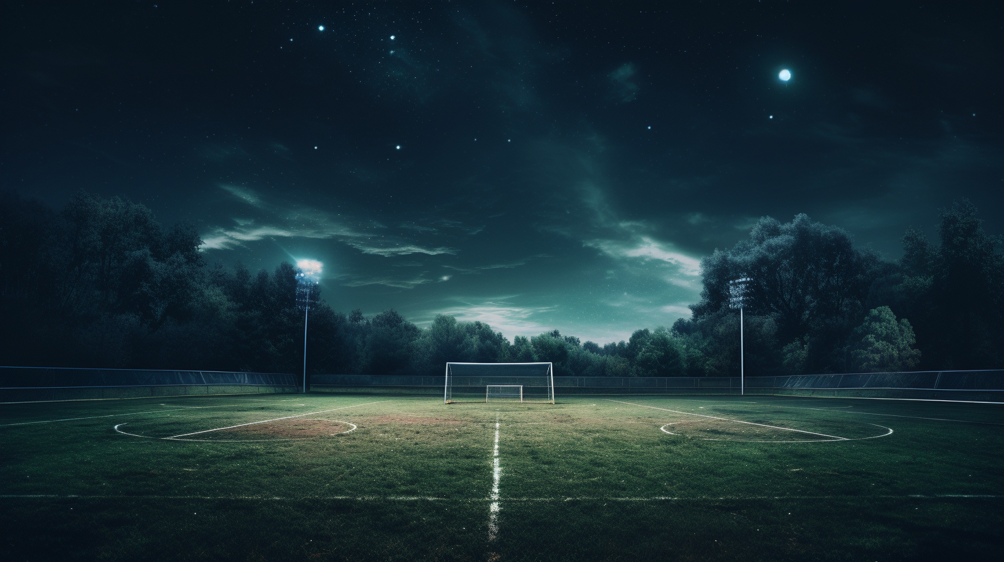 Cinematic photo of high school soccer field with dramatic goal