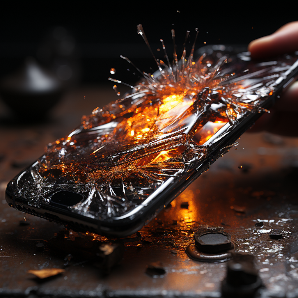 High school student smashing phone with cracked screen