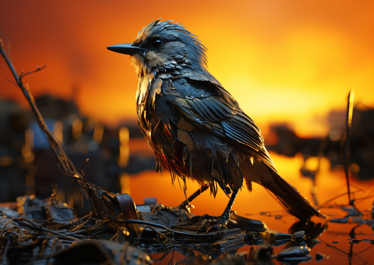 High tech bird catching worm at sunrise