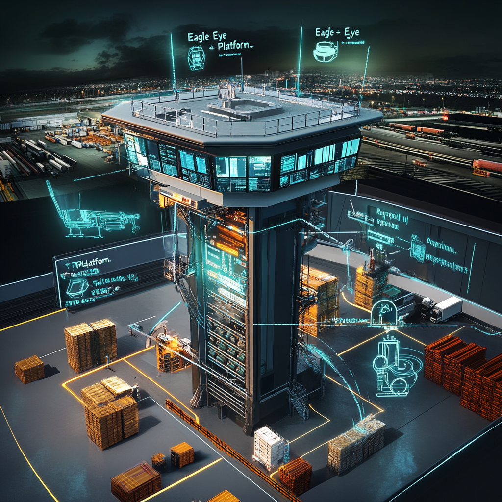 Futuristic control tower overseeing logistics processes