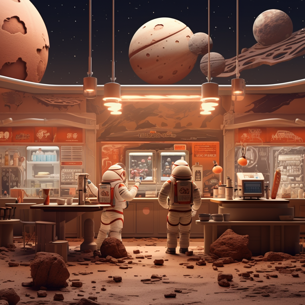 Cartoons in high-tech Mars ice cream shop