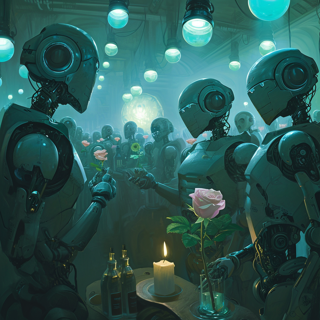 Group of robots surrounding wilting rose