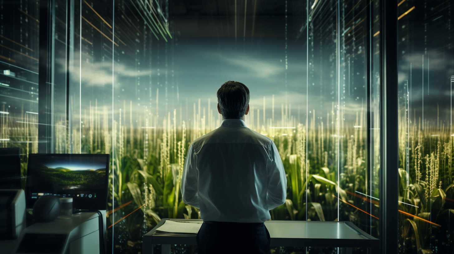 White man in high-tech office overlooking corn plantation