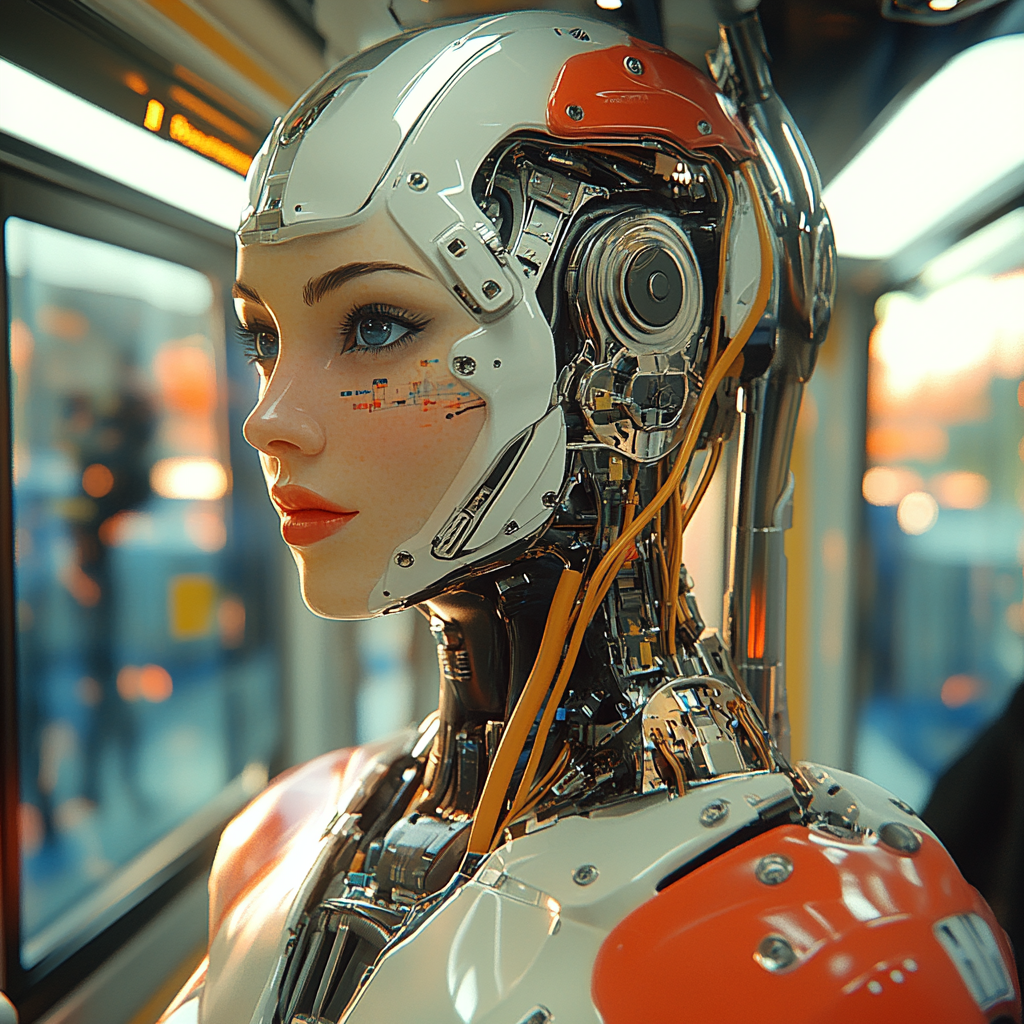 Woman with Robot Machinery on Bus