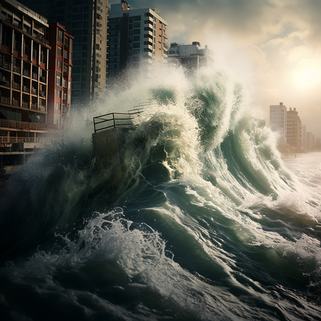 Powerful high tide wave hitting small city