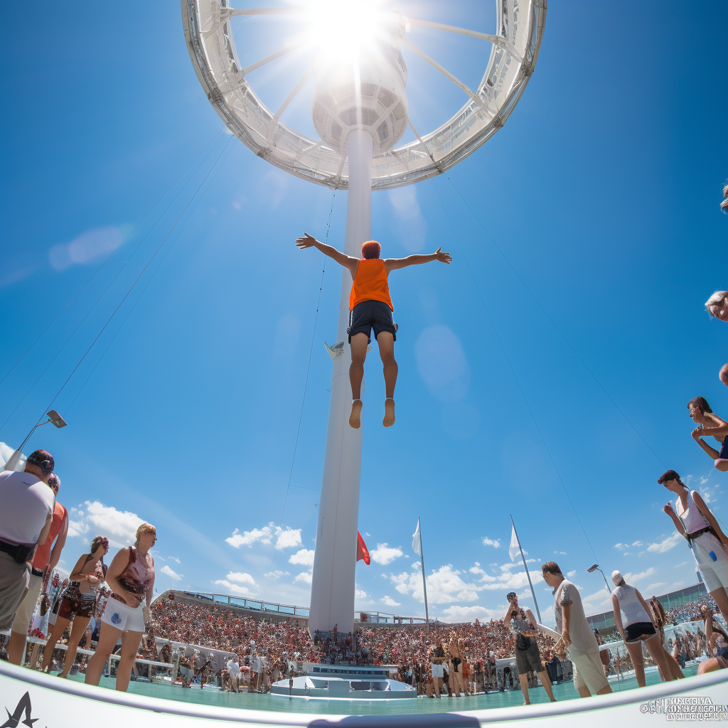 High diver athlete on tower watching pool and fans