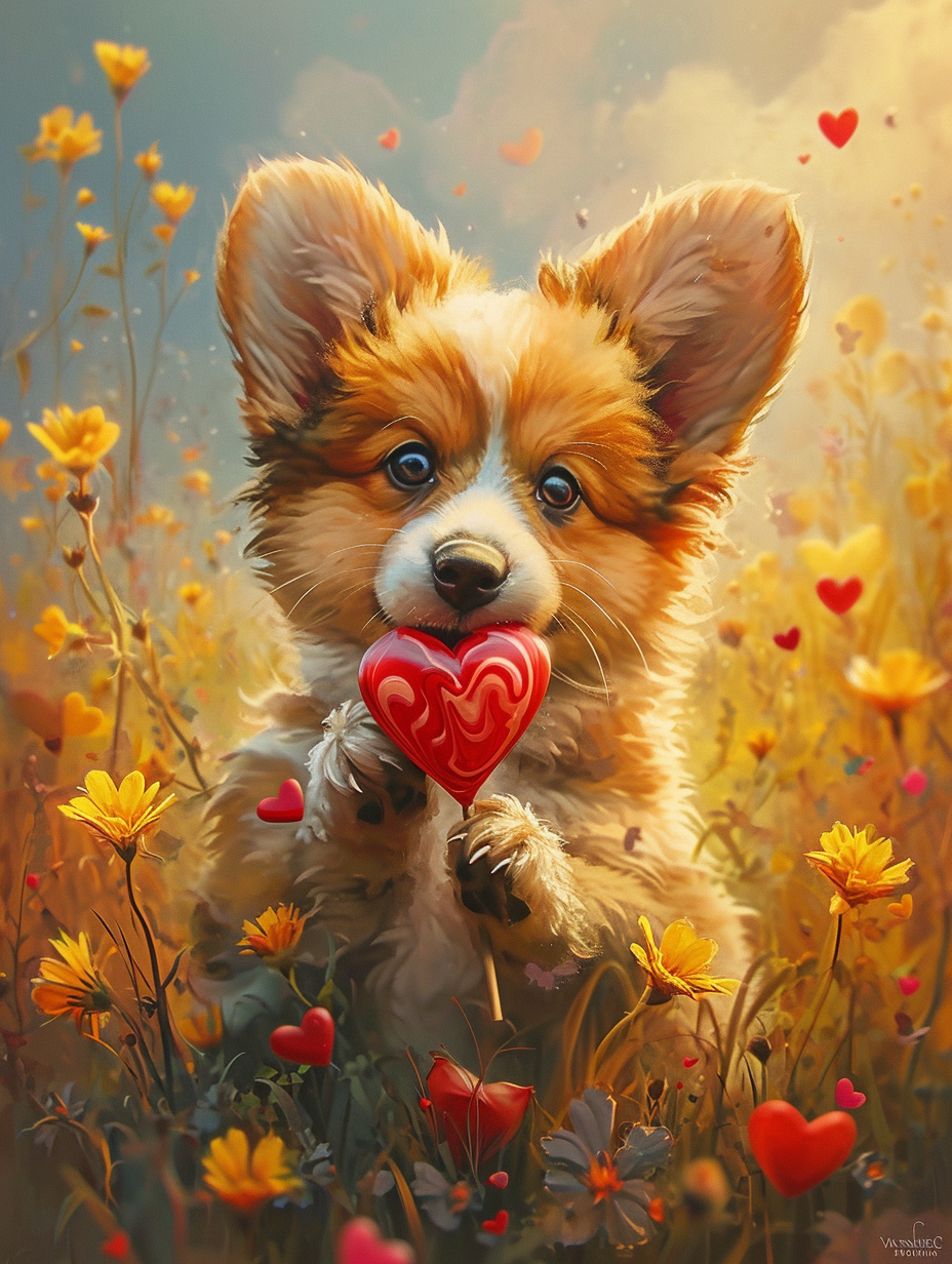 Highland Baby Dog with Heart Lollipop in Valentine Setting