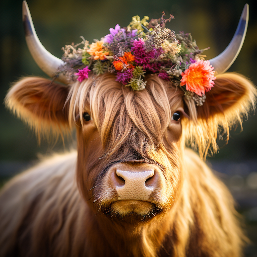 Close-up of Highland Cow with Blonde Streak and Floral Headband