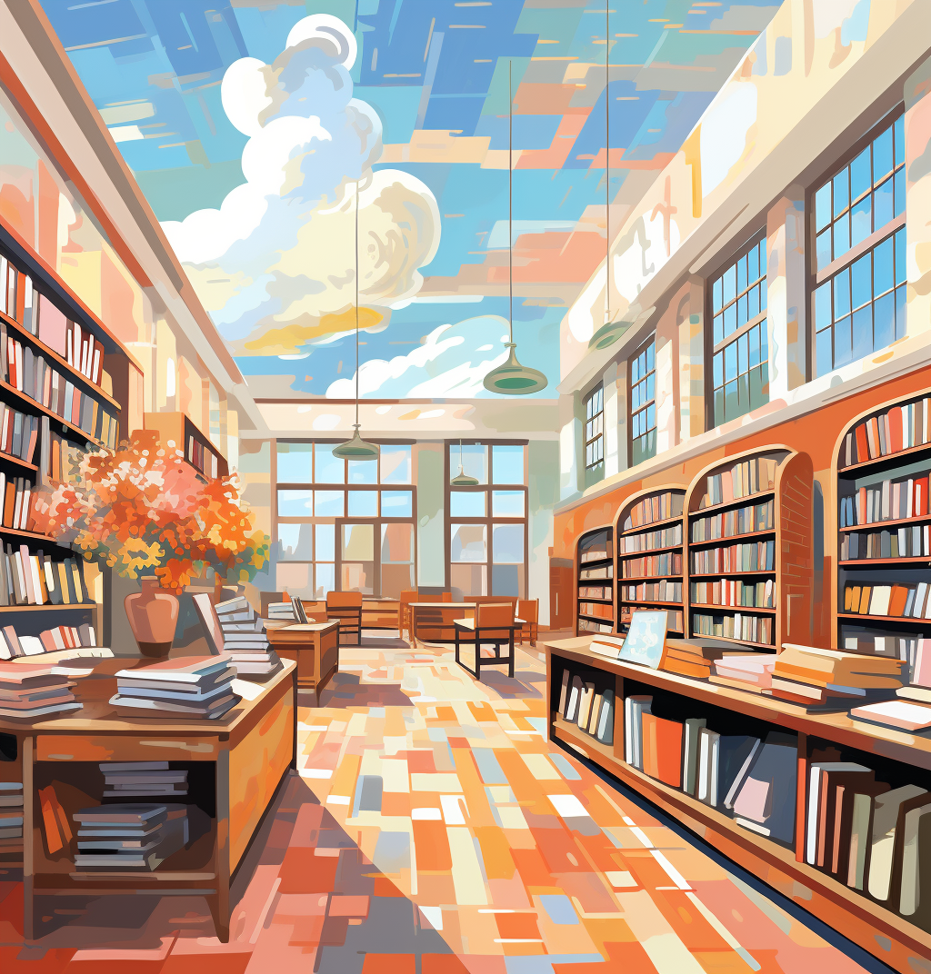 High School Library with Books and Art