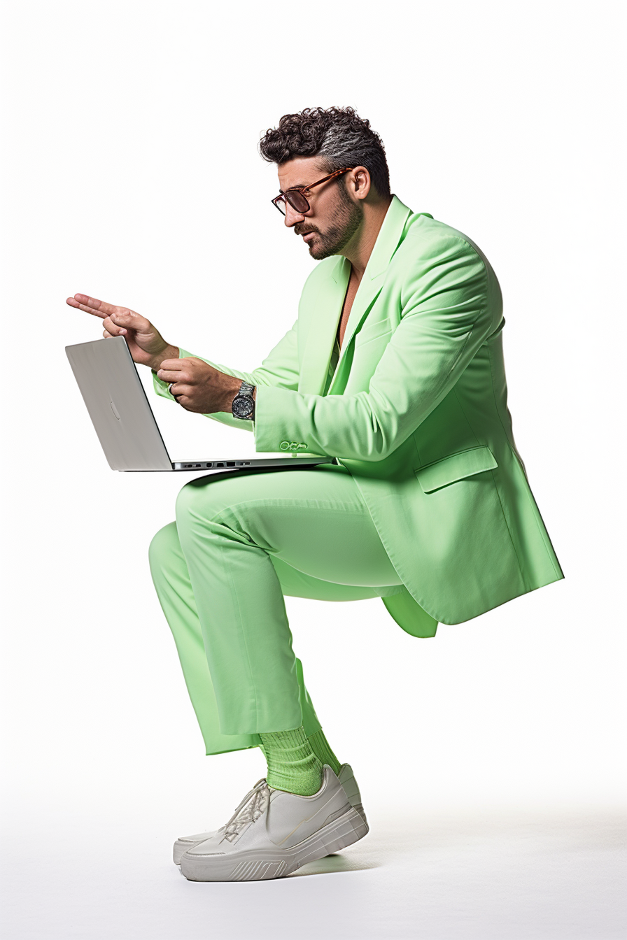 Smiling highschool teacher using laptop in bright pastel green clothing