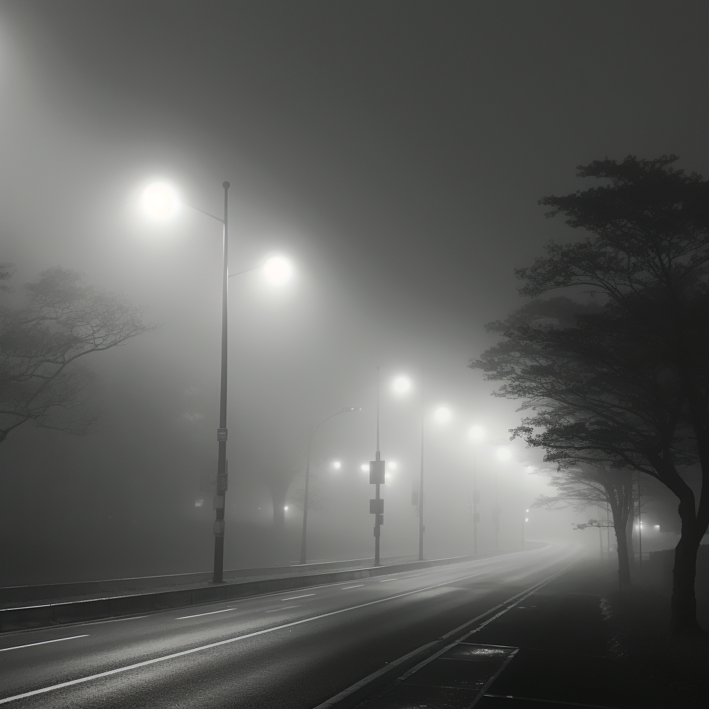 Black and White Highway Streetlights in Fog