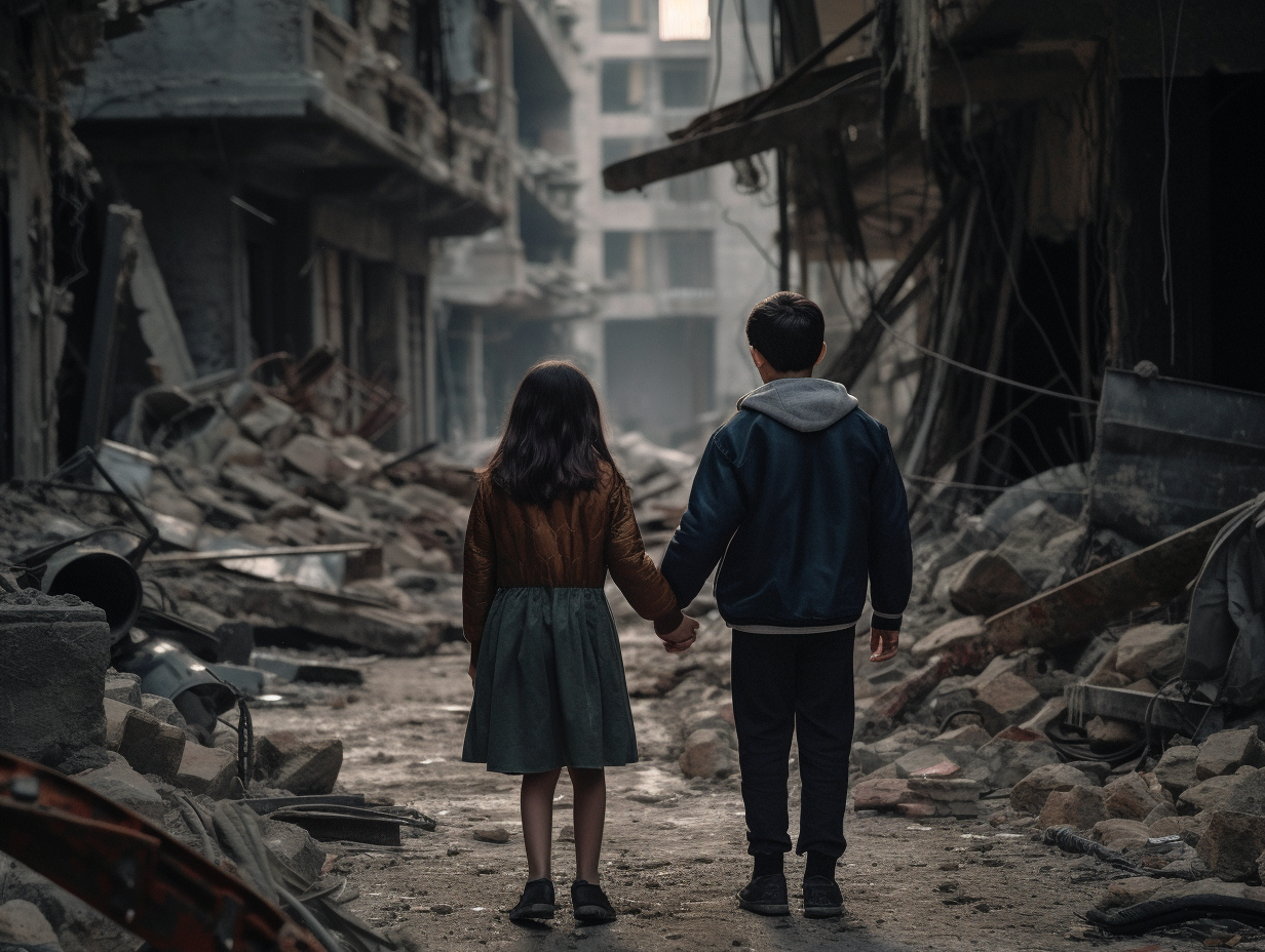 Boy and girl in hijab holding hands under collapsed buildings