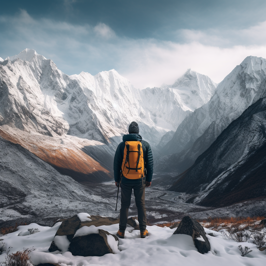 Hiker with rucksack in snow-covered mountains