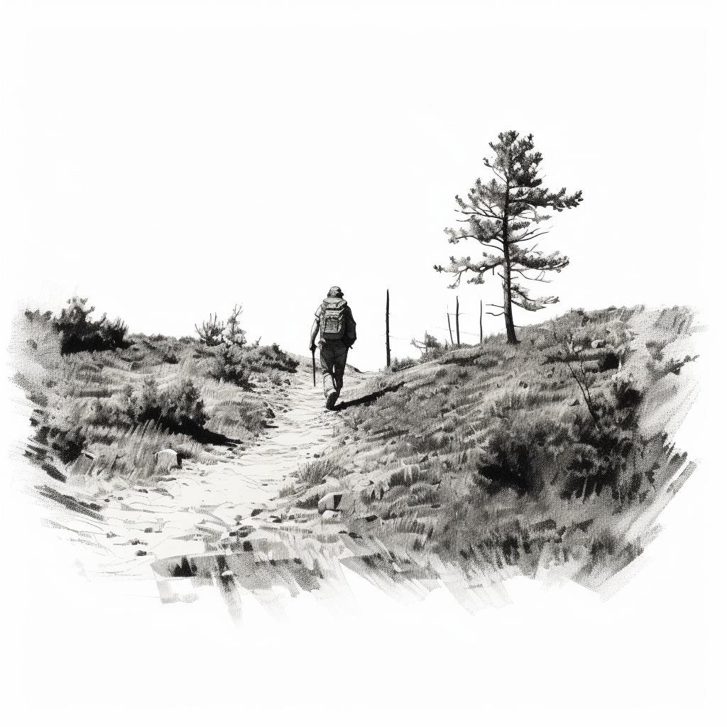 Hiker on trail in black ink