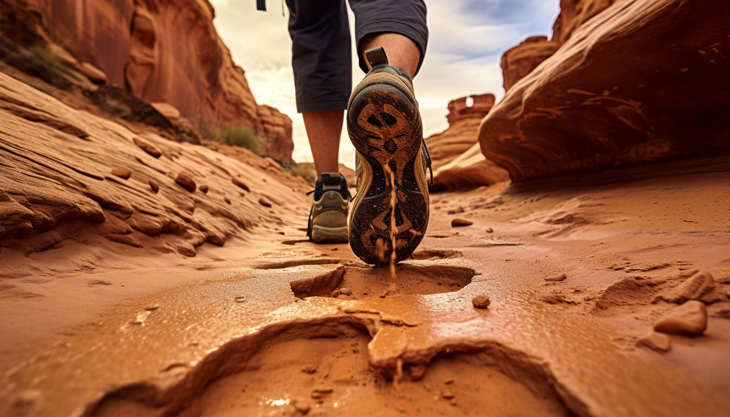 Seasoned hiker with well-worn boots on sandy trail