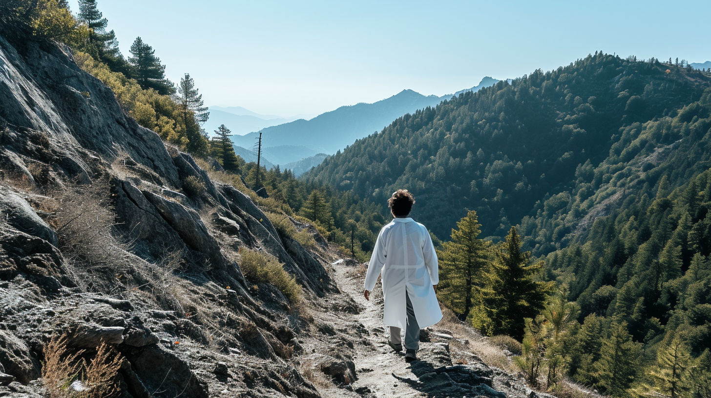 Hiker climbing steep mountain lab coat