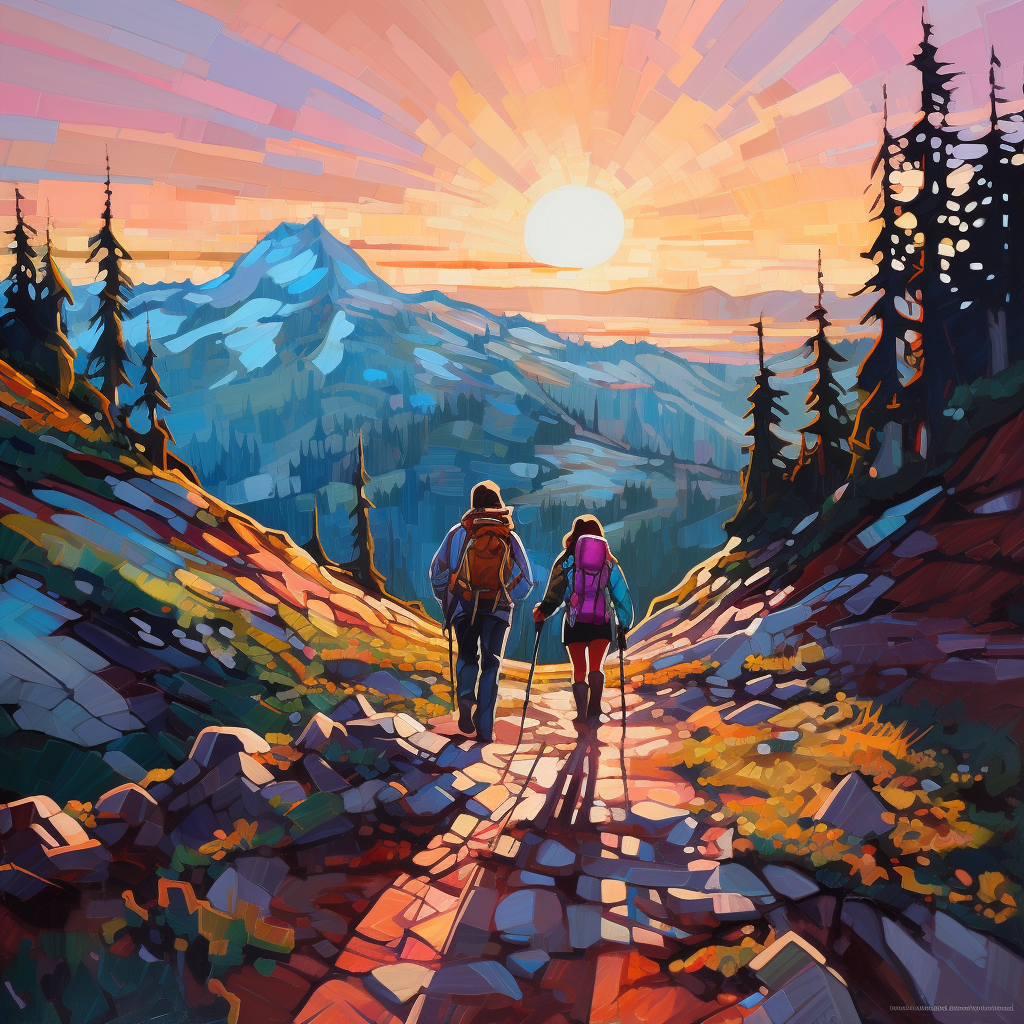 Hikers exploring nature in vibrant Erin Hanson style