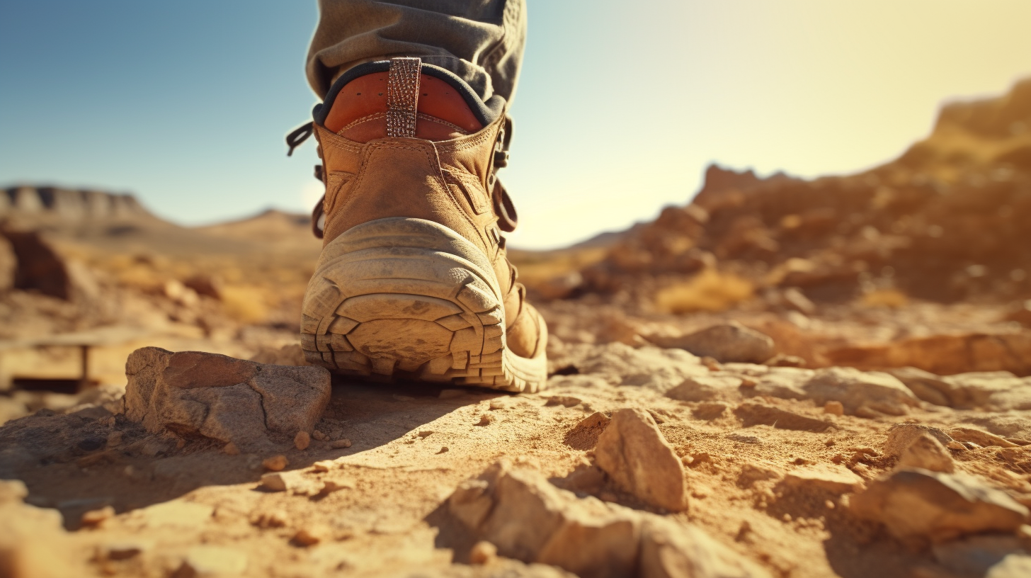 Hiking boot stepping on desert rock