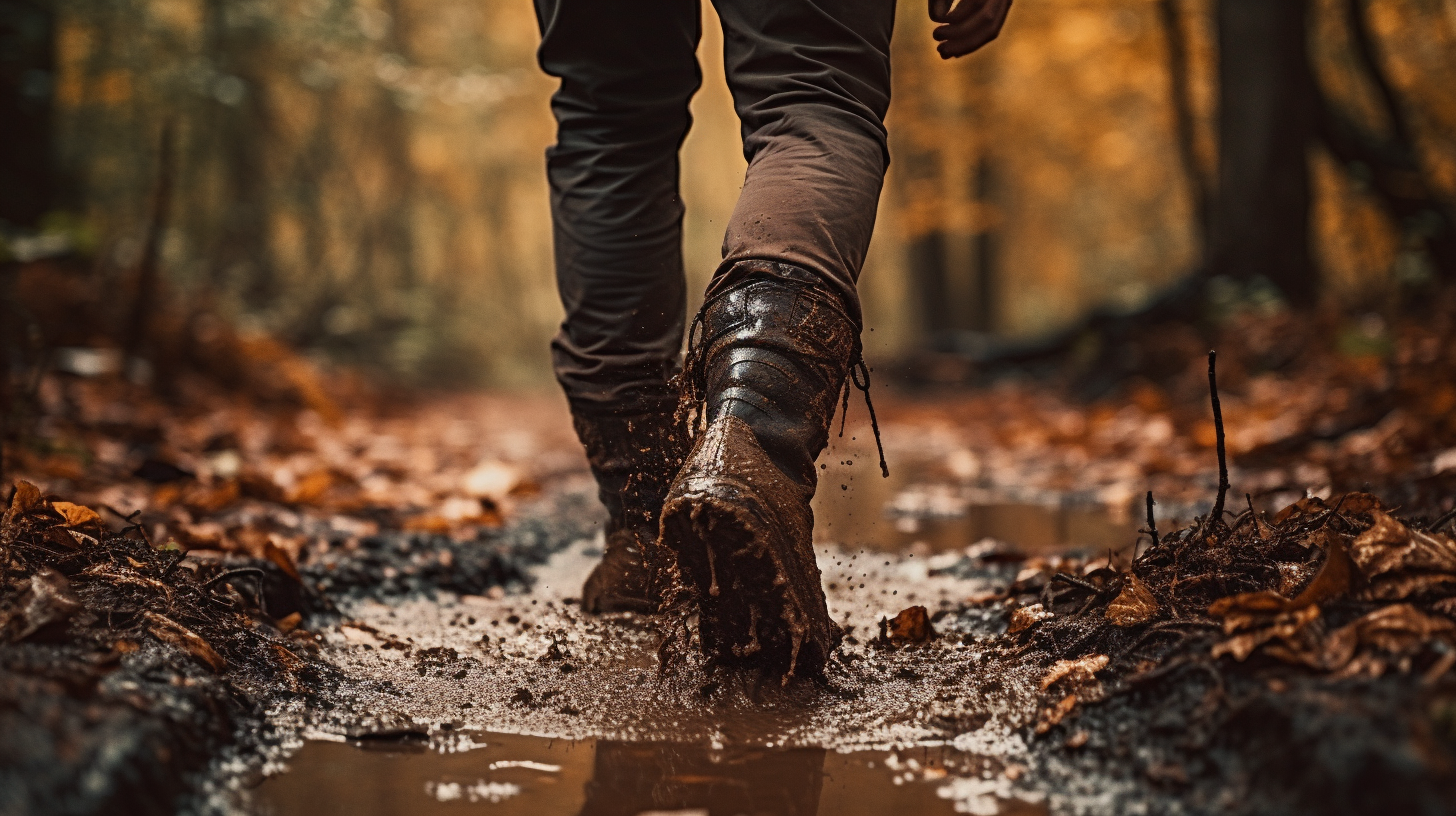 Person wearing hiking boots in autumn forest