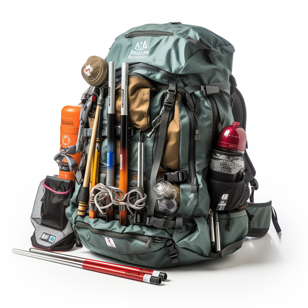 Hiking gear essentials on white background