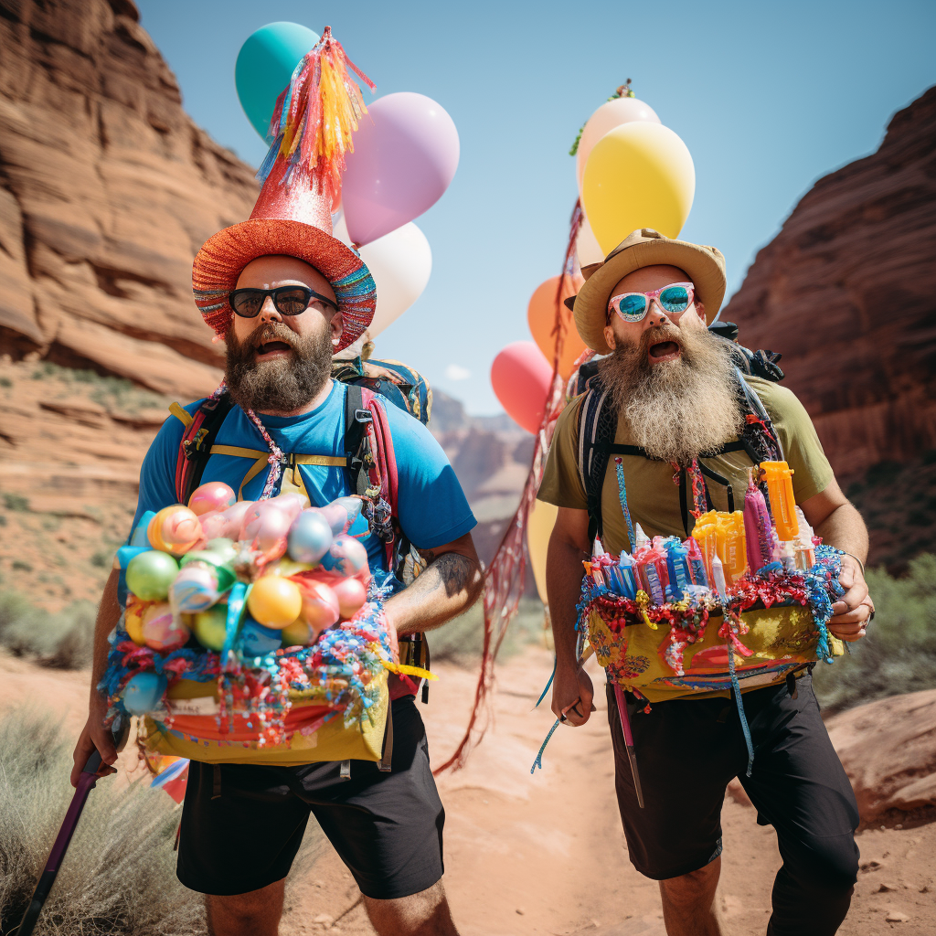 Two men hiking Grand Canyon with birthday hats