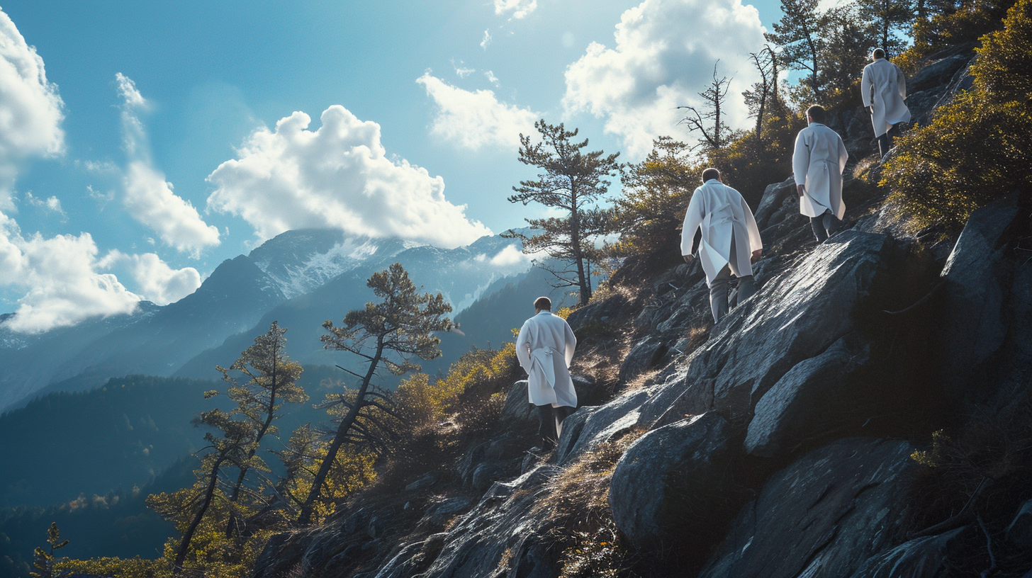 Hiking Men in White Lab Coats on Mountain