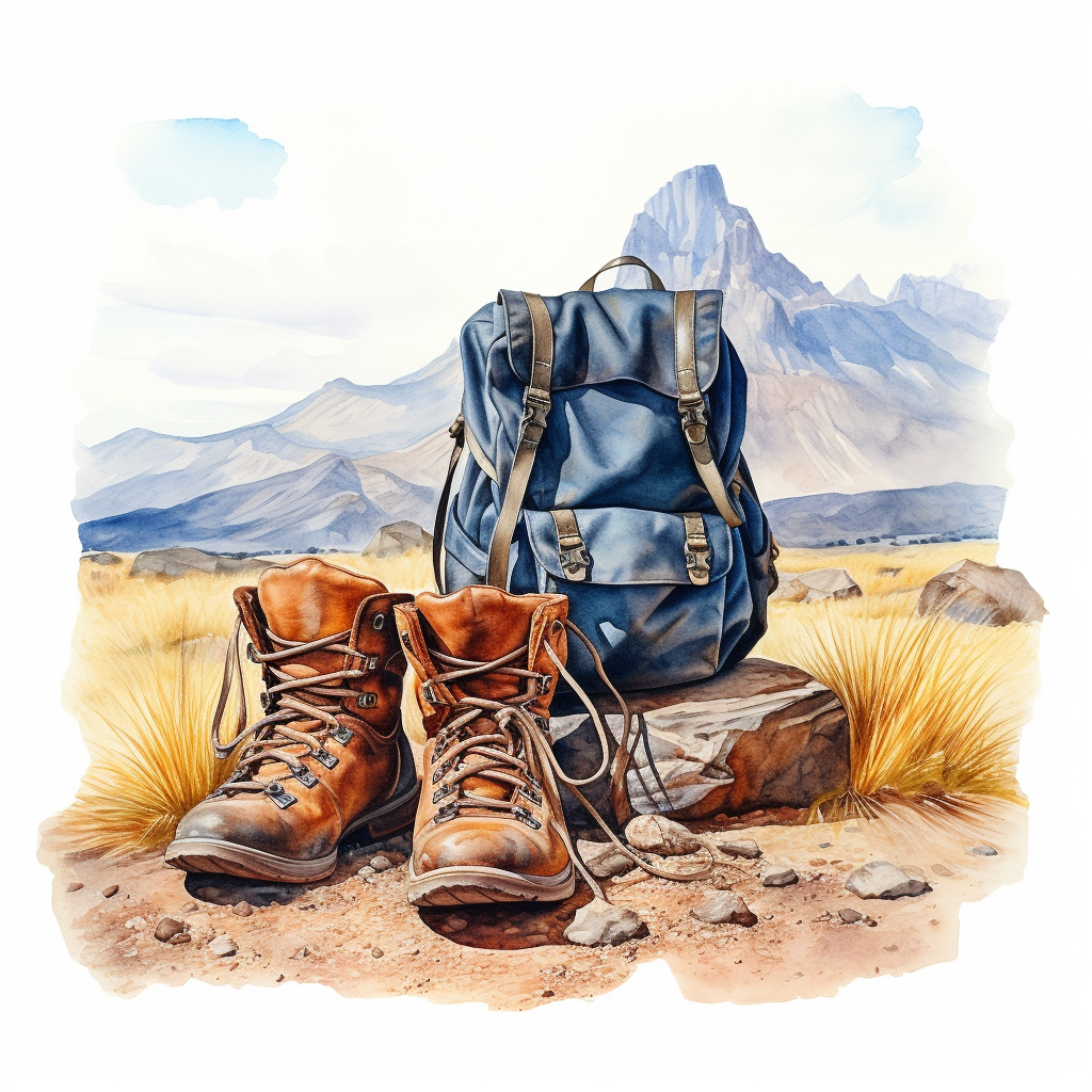 Two pairs of dirty hiking shoes and a haversack with mountains