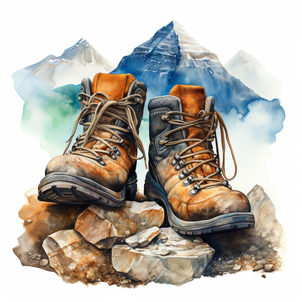 Dirty hiking shoes and mountains in surreal watercolor painting