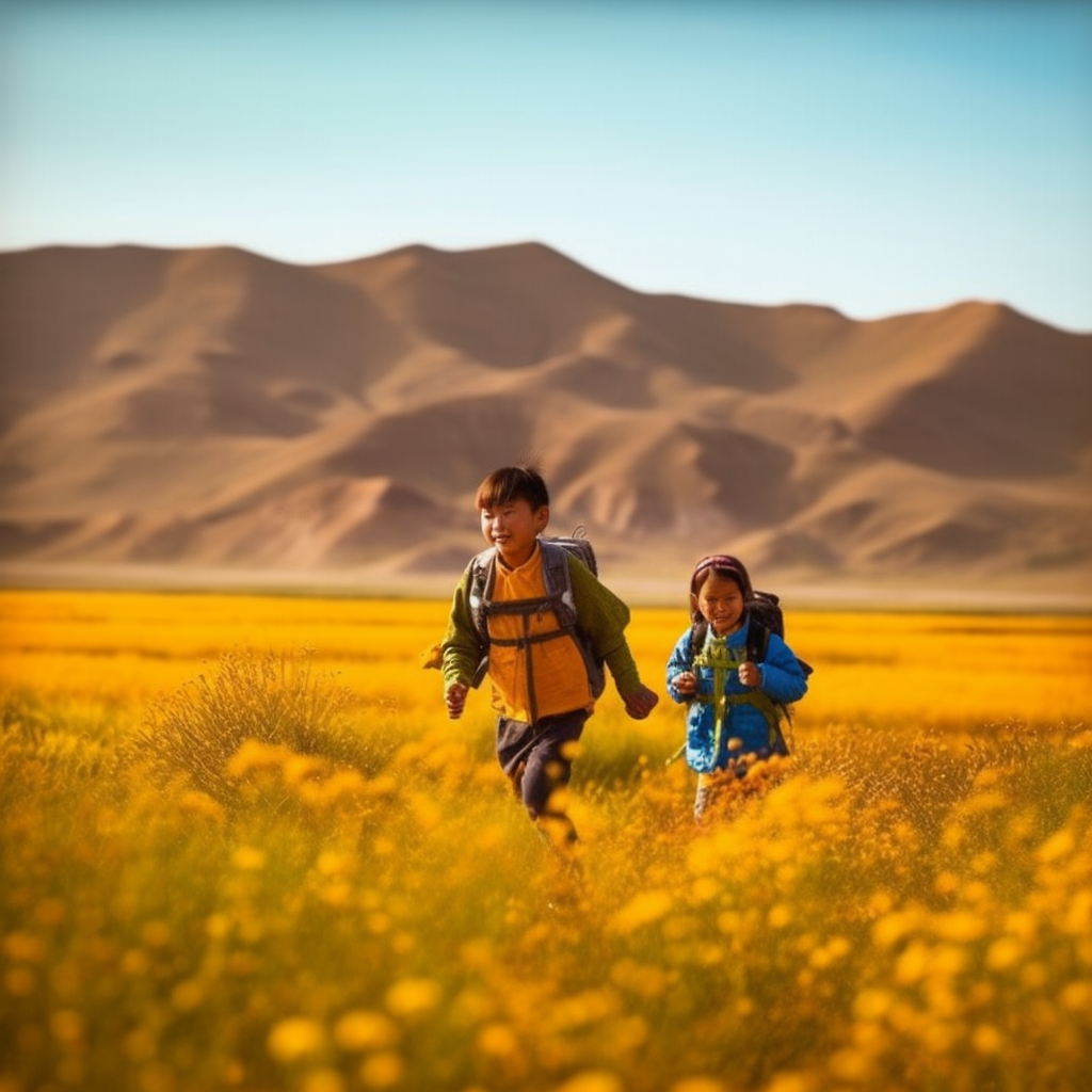 Two Chinese kids exploring Xinjiang grassland