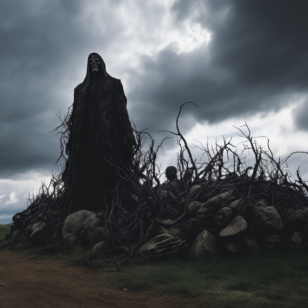 Statue on Hill with Black Boulders