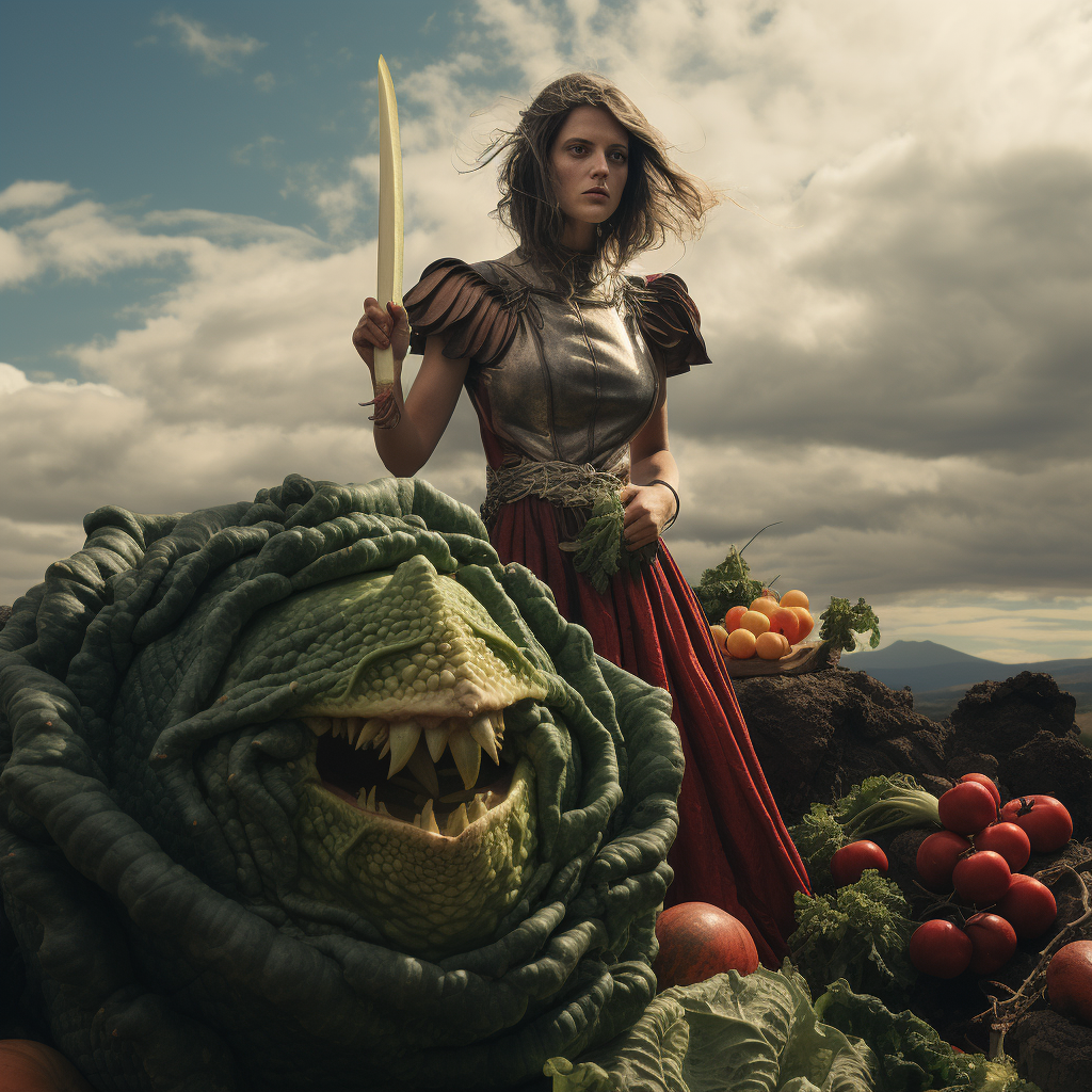 Woman wielding sword against monstrous vegetables