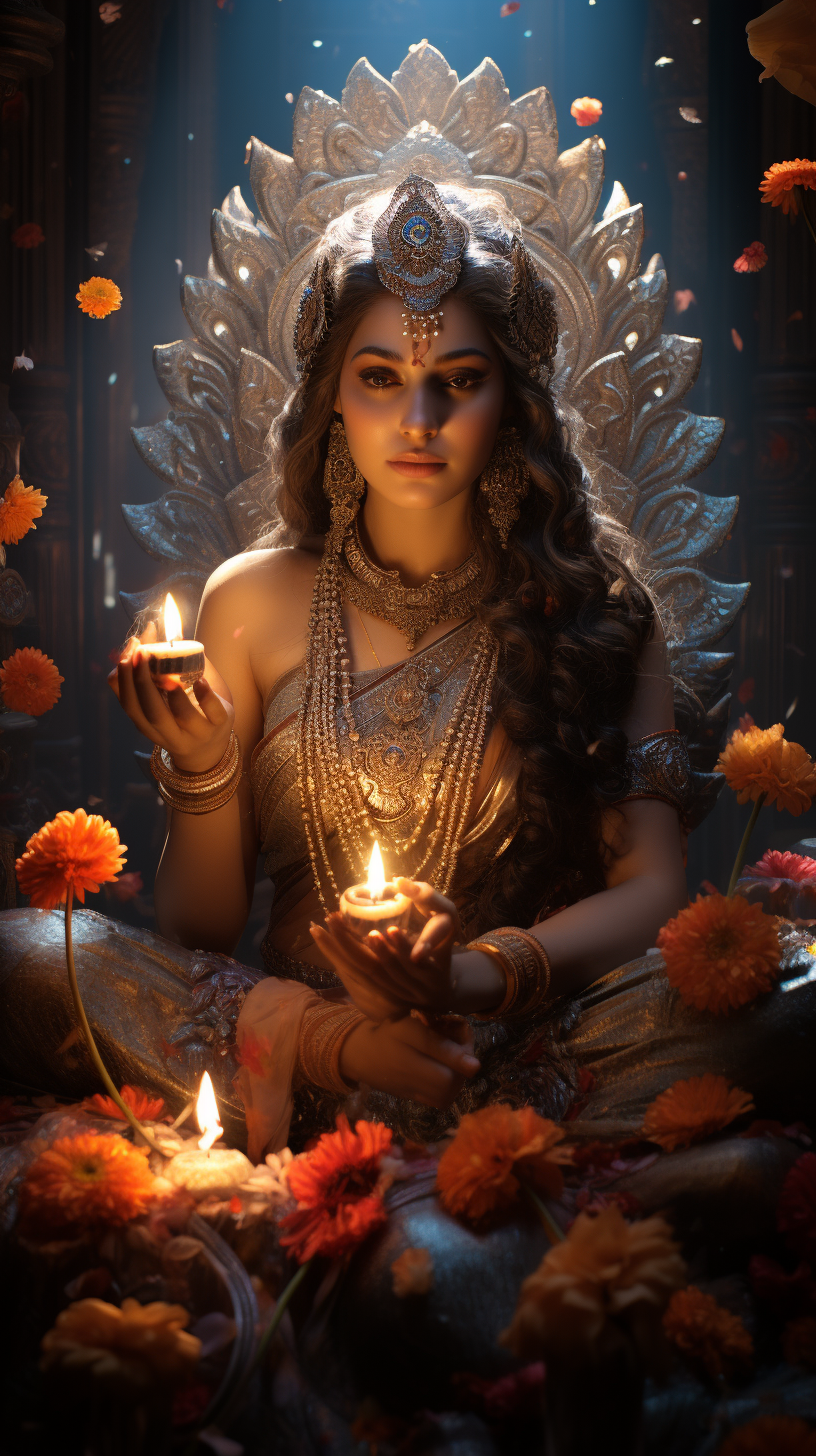 Hindu goddess Laksmi surrounded by energy lights and flowers