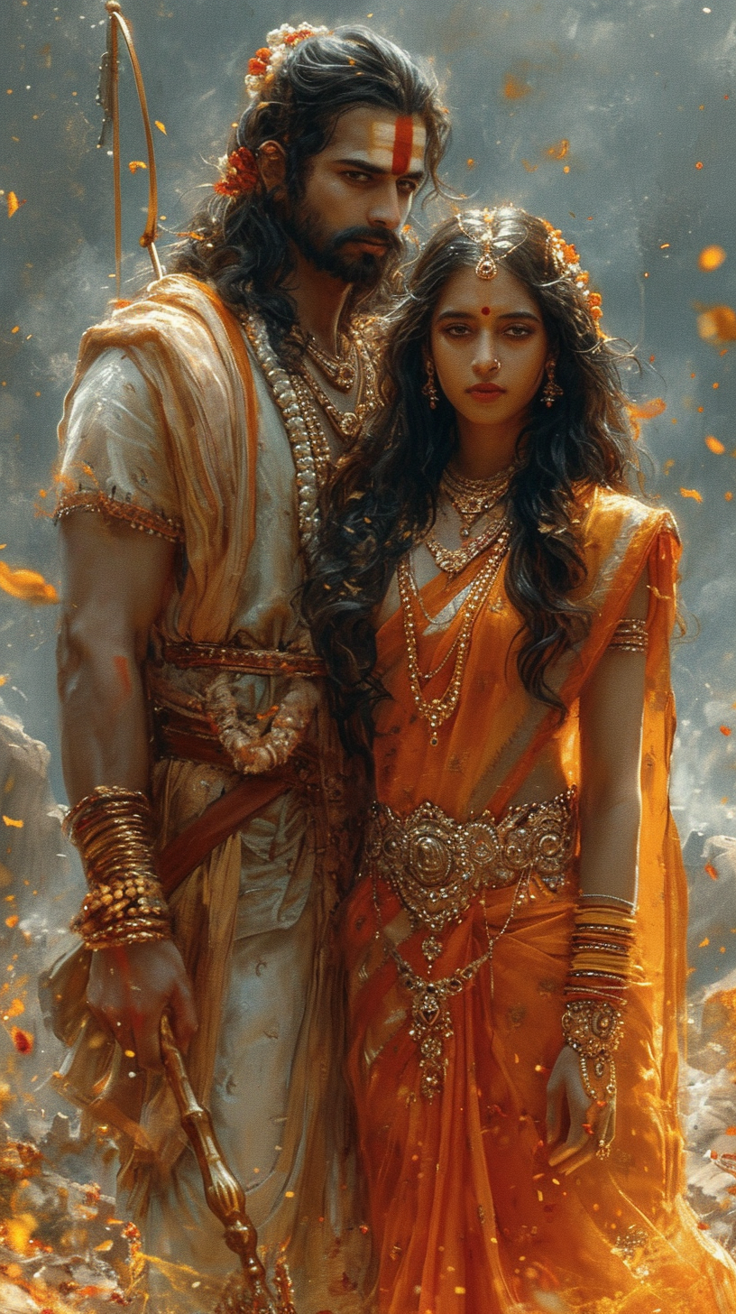 Hindu prince Rama and his wife Sita walking in ancient Ayodhya