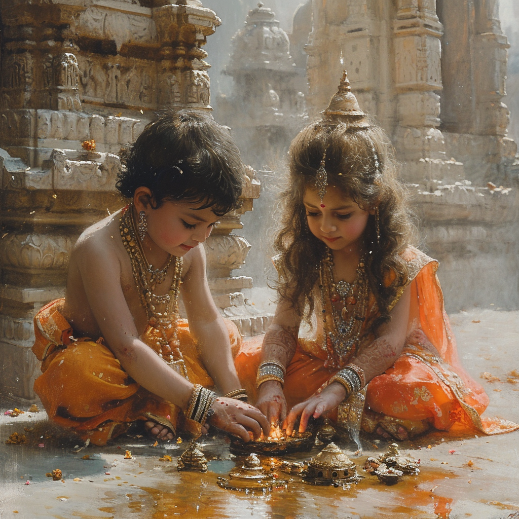 Hindu Prince Rama playing with toddler princess Sita