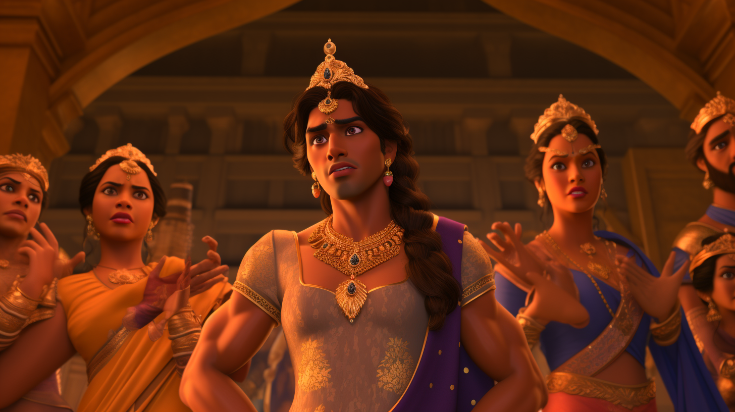 Dark-skinned Hindu Princess Draupadi clutching sari in outrage