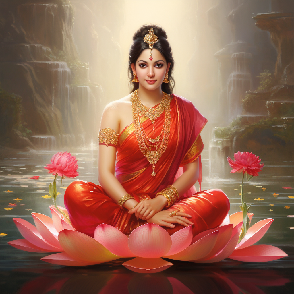 Smiling Hindu Goddess Lakshmi on Lotus